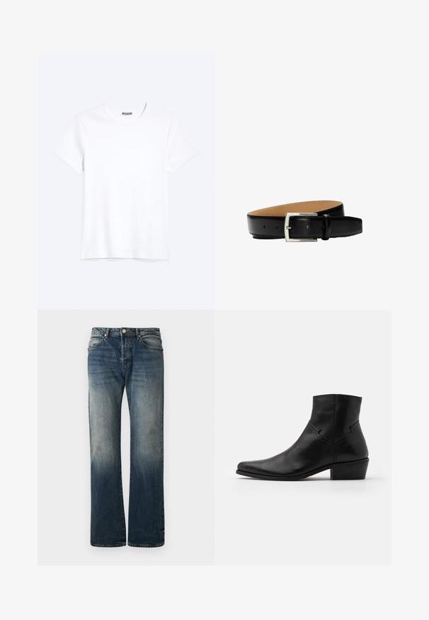 Effen witte T-shirt met korte mouwen en ronde hals met een zichtbaar WEEKDAY-merklabel bij de nek, weergegeven op een lichte achtergrond.; Donkerblauwe wijde spijkerbroek van denim. Kenmerkt zich door vervaagde details, een traditionele vijf-pocketontwerp en een metalen knoopsluiting bij de taille.; Zwarte leren enkellaars met een spitse neus, minimale stiksels, een middellange blokhak en een gladde, gepolijste afwerking.; Zwarte leren riem met zilverkleurige rechthoekige gesp, zichtbare gestikte randen en meerdere verstelgaten op een beige voering.