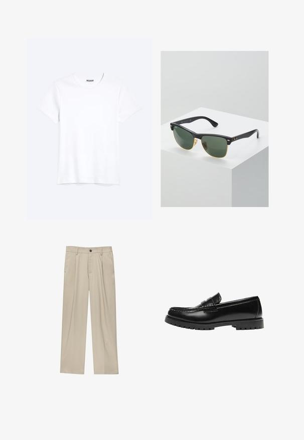 T-shirt blanc uni à manches courtes et col rond avec une étiquette de la marque WEEKDAY visible au niveau du col, présenté sur un fond clair.; Pantalon beige coupe droite avec passants de ceinture, fermeture par bouton, poches avant et pli marqué sur chaque jambe.; Mocassin en cuir noir avec une semelle en caoutchouc épaisse et un détail classique de bride à monnaie, vu de côté extérieur.; Lunettes de soleil Ray-Ban avec des verres verts, monture en plastique noir et accents dorés sur les bords. Forme carrée avec une finition mate.