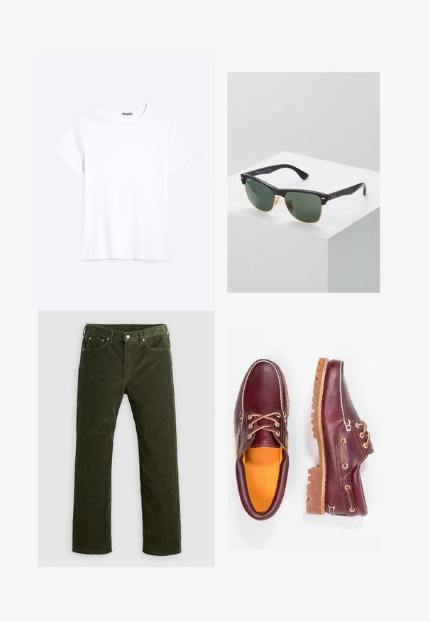 T-shirt blanc uni à manches courtes et col rond avec une étiquette de la marque WEEKDAY visible au niveau du col, présenté sur un fond clair.; Pantalons en velours côtelé vert olive à jambe droite avec bouton avant, fermeture éclair, passants de ceinture et design à cinq poches sur fond blanc.; Chaussures en cuir bourgogne avec semelles en caoutchouc marron, bout rond, couture blanche et œillets dorés. L'intérieur présente une doublure jaune.; Lunettes de soleil Ray-Ban avec des verres verts, monture en plastique noir et accents dorés sur les bords. Forme carrée avec une finition mate.