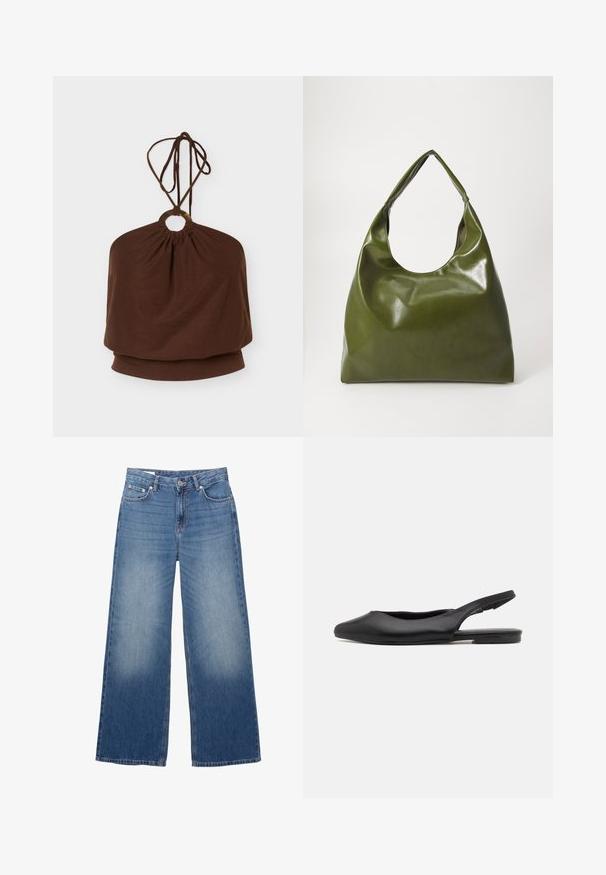 Brun halterneck-top med en rund metalring ved halsudskæringen og justerbare bindebånd, løs pasform omkring overkroppen.; Blå brede jeans i denim med knap og lynlås foran, der har lommer foran og bagpå samt let falming på lårene.; Sorte læder slingback sko med spidse tæer, flad hæl og buet udskæringsdesign. Glat overflade og minimalistisk stil.; Grøn læder hobo taske med en slouchy design, buet håndtag og glat tekstur. Indeholder ingen synlig hardware eller accenter.