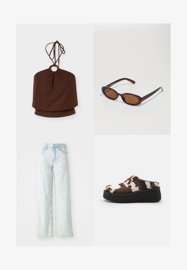 Hnedý halter neck top s okrúhlym kovovým krúžkom na výstrihu a nastaviteľnými viazacími remienkami, voľný strih okolo trupu.; Svetlomodré, vysoko umiestnené široké džínsy z denimu. Majú päť vreciek a zapínanie na gombík. Po stranách sú poškodené, s textúrou na stehnách.; Hnedé a biele platformové dreváky s motívom kravy, so silným vrchným dielom, zaoblenou špičkou a odolnou čiernou gumovou podrážkou. Švy na spodnej strane.; Okrúhle slnečné okuliare s hnedým nádychom a lesklým burgundským rámom. Úzke ramená s jemným brandovaním. Plochej šošovky dizajn.