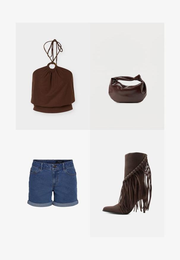 Hnedý halter neck top s okrúhlym kovovým krúžkom na výstrihu a nastaviteľnými viazacími remienkami, voľný strih okolo trupu.; Džínové šortky v tmavom modrom odtieni s klasickým strihom. Majú rolované lemy, dve predné vrecká a zapínanie na gombík. Hladká textúra.; Hnedá semišová členková čižma na vysokom podpätku s hrotom a dlhými strapcami visieť z horného okraja.; Tmavohnedá kožená kabelka cez rameno s mäkkým, voľným tvarom a držadlom v podobe skrúteného uzla na jednoduchom bielom pozadí.