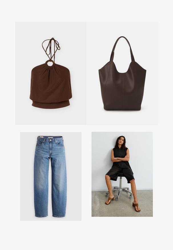 Brun halterneck-top med en rund metalring ved halsudskæringen og justerbare bindebånd, løs pasform omkring overkroppen.; Lysblå lige ben jeans lavet af denim. Har et klassisk fem-lomme design og subtile falmede områder langs benene.; Kvinde med langt mørkt hår sidder på en sort kontorstol iført sort ærmeløs top, knælange sorte shorts og brune sandaler med hæl.; Brun læder tote taske med en glat tekstur, der har en unik form, bred åbning og to korte håndtag til bæring.
