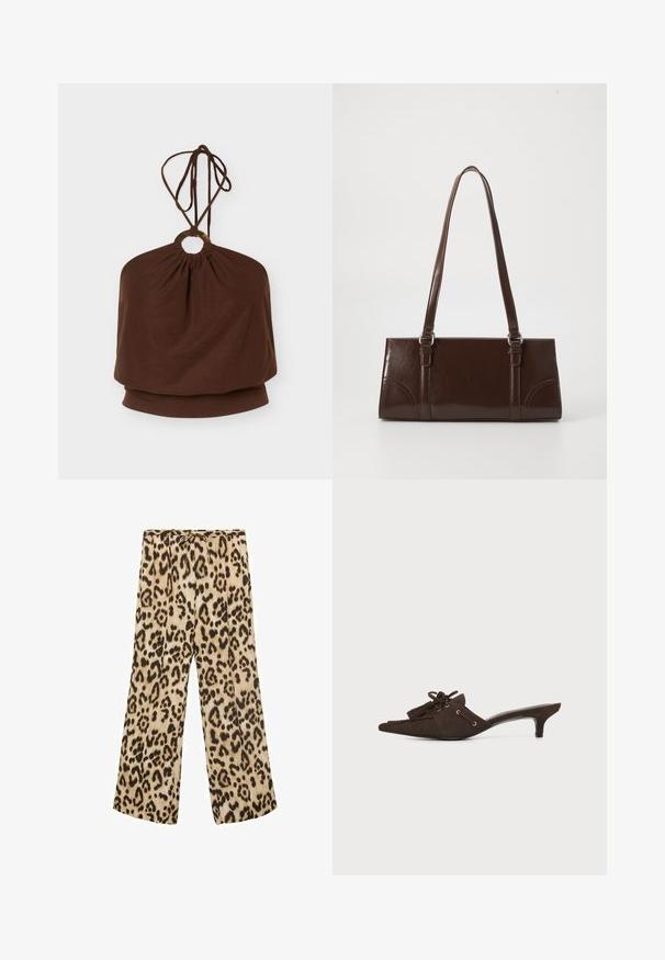 Brun halterneck-top med en rund metalring ved halsudskæringen og justerbare bindebånd, løs pasform omkring overkroppen.; Betræksbukser med leopardmønster i beige og brun, med snøre i taljen, glat stof og en afslappet pasform.; Mørkebrun ruskindspunktet mule med lav kittenhæl, dekorative kvaster og blonderdetalje på hvid baggrund.; Brun lakeret håndtaske med rektangulær form, to lange håndtag og subtile buede detaljer på fronten.