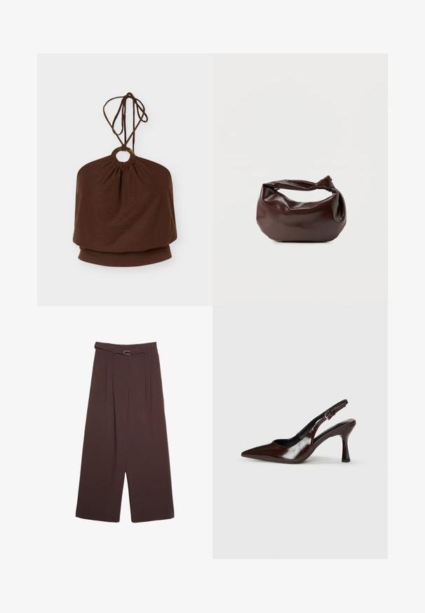 Top marron à col licou avec un anneau métallique rond à l'encolure et des bretelles réglables à nouer, coupe ample autour du torse.; Stradivarius SMART WIDE-LEG WITH BUCKLE DETAIL - Pantalon classique - dark brown; Talons slingback en cuir verni brun avec un bout pointu, un talon fin, et une sangle réglable avec une petite boucle.; Sac bandoulière en cuir marron foncé avec une forme souple et décontractée et une anse nouée torsadée sur un fond blanc uni.