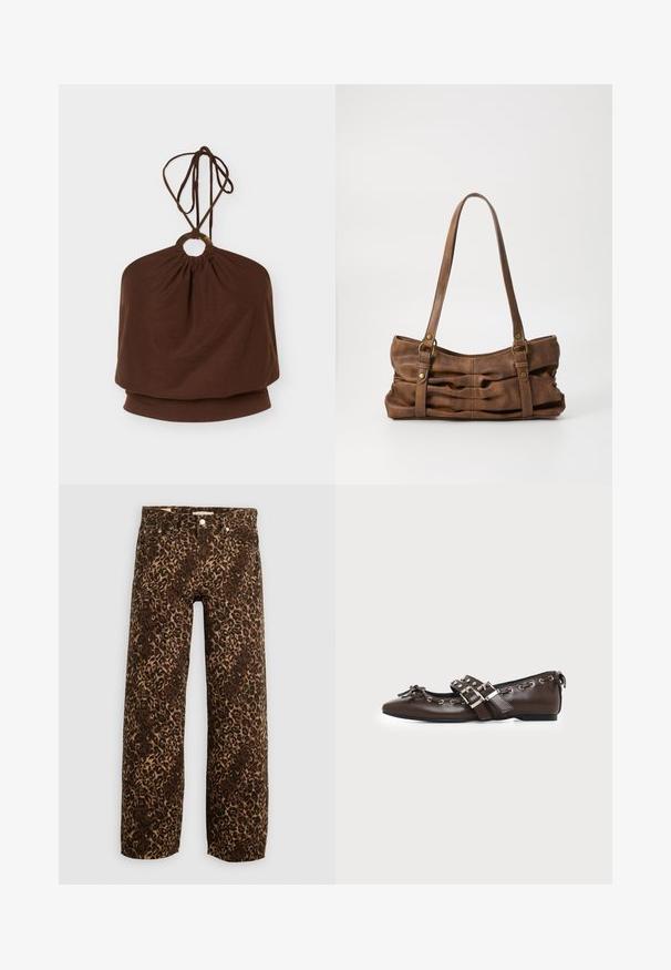 Top marrón de cuello halter con un anillo metálico redondo en el escote y tirantes ajustables con lazo, ajuste suelto alrededor del torso.; Jeans de pierna ancha con estampado de leopardo en marrón y beige. Fabricados en mezclilla, con un diseño clásico de cinco bolsillos y acentos de hardware metálico.; Zapato plano de cuero marrón oscuro con puntera puntiaguda, doble hebilla plateada, ojales metálicos y lazo decorativo en la parte delantera.; Even&Odd by Zalando Bolso de mano - brown