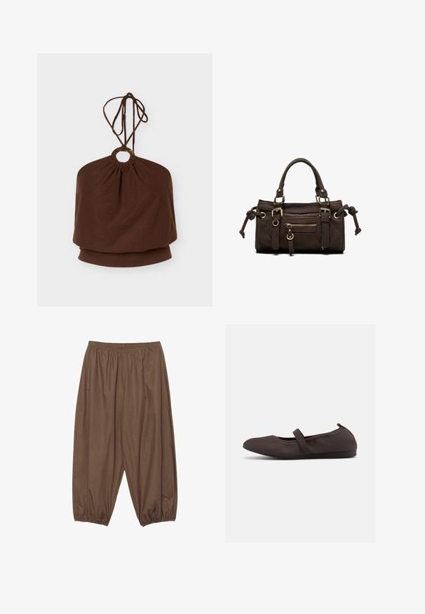 Top marron à col licou avec un anneau métallique rond à l'encolure et des bretelles réglables à nouer, coupe ample autour du torse.; Pantalon marron ample avec taille élastique et poignets élastiques froncés, confectionné dans un tissu léger.; Ballerine marron avec bride élastique et bout arrondi, présentée sur fond blanc, vue de côté.; Sac à main en cuir marron foncé avec double poignée, poche avant zippée, boucles décoratives et nœuds latéraux sur fond blanc.