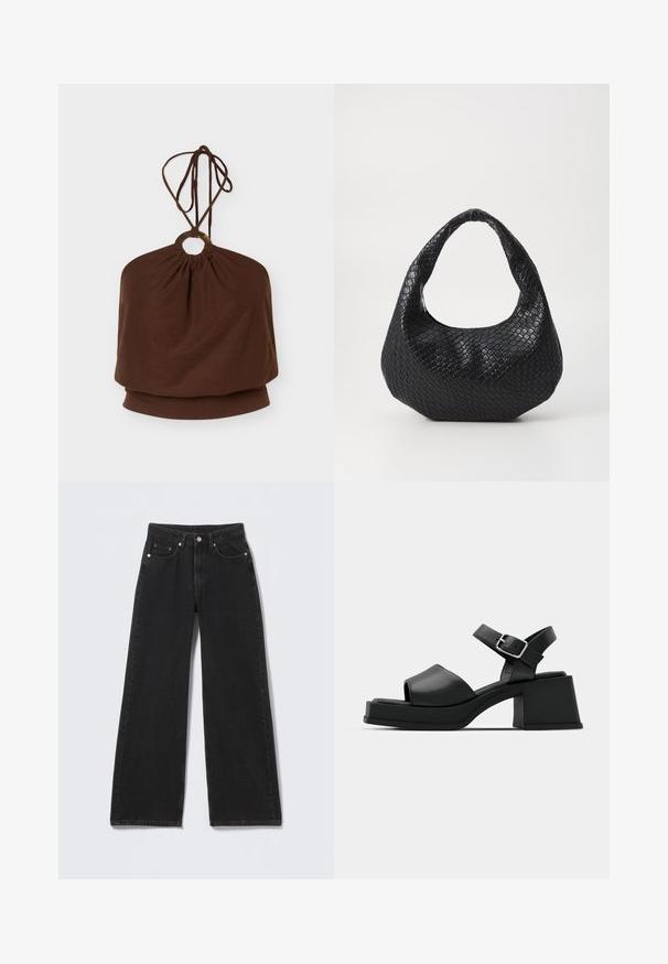 Brun halterneck-top med en rund metalring ved halsudskæringen og justerbare bindebånd, løs pasform omkring overkroppen.; Sorte højttaljede bredbenede jeans med knap- og lynlåslukning foran, bæltestropper og fem forlommer på en lys baggrund.; Sorte læder platform sandaler med peep-toe design, ankelrem og en kraftig firkantet hæl. Glat tekstur og minimalistisk stil.; Sort flettet håndtaske med et buet håndtag, der har en struktureret overflade og en afslappet form. Glat finish med en organisk silhuet.