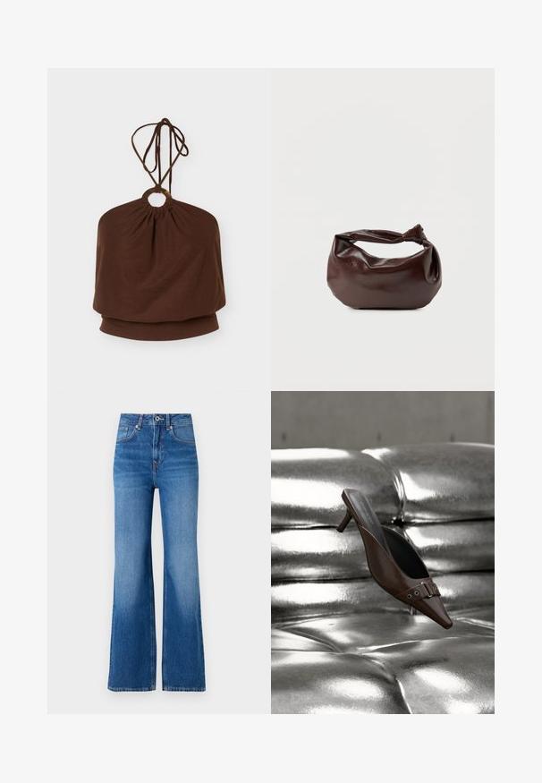 Hnedý halter neck top s okrúhlym kovovým krúžkom na výstrihu a nastaviteľnými viazacími remienkami, voľný strih okolo trupu.; Široké modré džíny s vysoko posadeným pásom, s kovaním na zips, gombíkovým zapínaním a jemným vyblednutím pozdĺž nohavíc.; Hnedý mule s podpätkom a špicatou špičkou, ozdobený prackou, levitujúci nad lesklým strieborným čalúneným koženým povrchom s gombíkmi.; Tmavohnedá kožená kabelka cez rameno s mäkkým, voľným tvarom a držadlom v podobe skrúteného uzla na jednoduchom bielom pozadí.