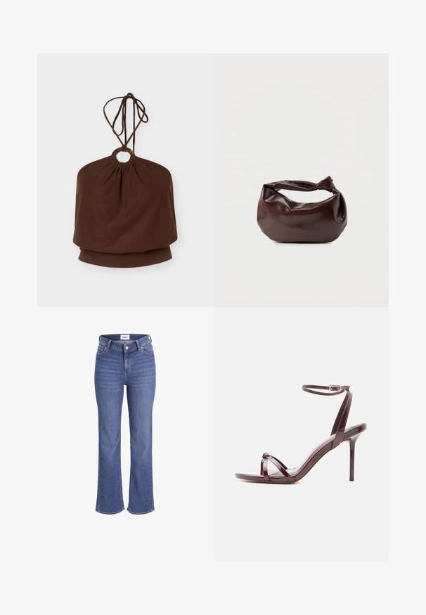 Brun halterneck-top med en rund metalring ved halsudskæringen og justerbare bindebånd, løs pasform omkring overkroppen.; Mørkeblå jeans i denim med høj talje, brede ben og et traditionelt fem-lomme design. Har synlig syning og lukning med en frontknap.; Højhælet sandal i burgunderrødt laklæder med tynd ankelrem og krydsede tåremme på hvid baggrund.; Mørkebrun læder skuldertaske med en blød, afslappet form og et snoet knudehåndtag på en ensartet hvid baggrund.