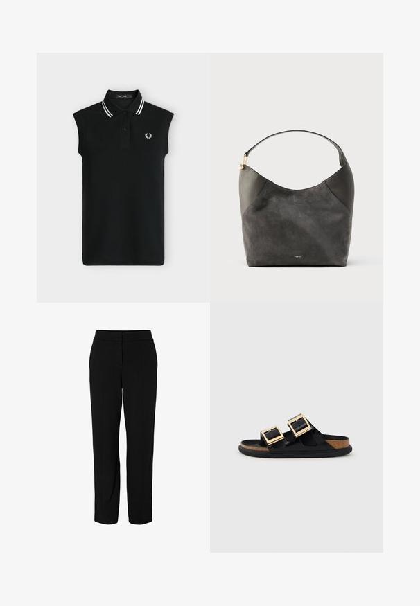 Polo negro sin mangas con dos botones negros, doble rayas blancas en el cuello y pequeño logo blanco de laurel en el pecho.; Pantalones negros de corte entallado hechos de una tela suave. Presentan un diseño de pierna recta, cintura y pliegues frontales para dar estructura.; Sandalias negras con dos tiras anchas y hebillas cuadradas doradas, con plantilla de corcho y suela de goma texturizada. Diseño ligero y abierto.; Bolso de hombro de ante y cuero gris oscuro con una sola correa y pequeño logo dorado de Furla en el centro delantero.
