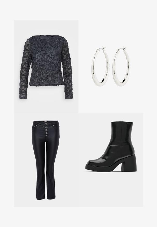 Sort langærmet bluse med struktureret, bølget perle mønster. Gennemsigtigt stof med rund halsudskæring. Regular fit og længde.; Sorte flared jeans med et elegant design, lavet af et glat materiale. Har fem sølvfarvede knaplukninger og lommer foran.; Sorte ankelstøvler med en blank finish, firkantet tå og en tyk blokhæl. Designet har en strømlinet silhuet og minimal branding.; Sølvøreringe i form af hoops med en glat, blank finish. Cirkulær form, der har en sikker lås. Simpelt og elegant design.