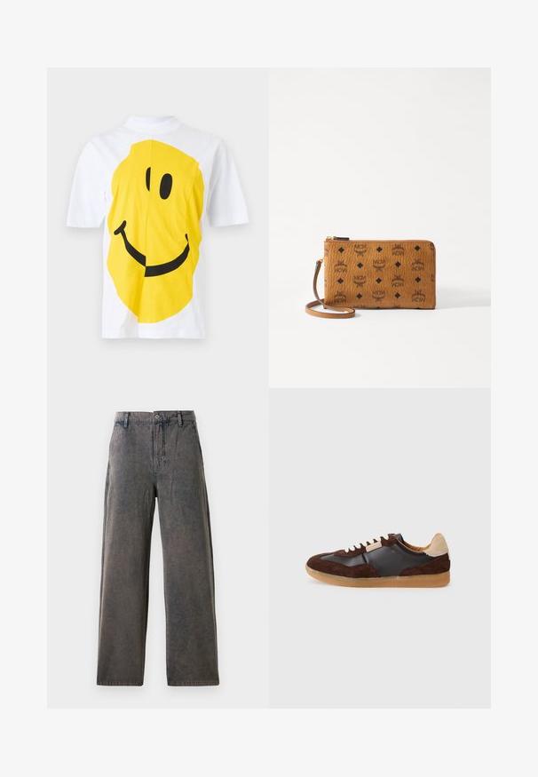 Wit T-shirt met korte mouwen en een groot geel smiley-gezicht op de voorkant, met zwarte ogen en een gebogen glimlach.; Wijdvallende broek in een vervaagde grijze stof, met een knoopsluiting, riemlussen en zijzakken met een subtiele textuur.; Sneakers met een mix van donkerbruin suede en glad zwart leer, met crèmekleurige veter en een tan rubberen zool. Licht tan accent bij de hak.; Bruine gevoerde portemonnee met zwart MCM-logo patroon. Voorzien van een ritssluiting, polsband en een soepele textuur. Compact rechthoekig ontwerp.