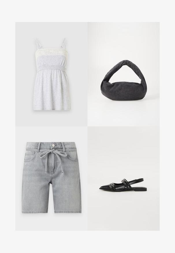 Robe grise claire sans manches avec encolure bordée de dentelle, fines bretelles réglables et taille froncée avec élastique.; Short en jean gris clair avec poches avant, passants de ceinture, fermeture par bouton et ceinture en tissu assorti à la taille.; Even&Odd Ballerines à brides arrière - black; Sac en tissu gris foncé avec une anse courbée, texture douce et forme arrondie. Pas de matériel ou d'embellissements visibles.