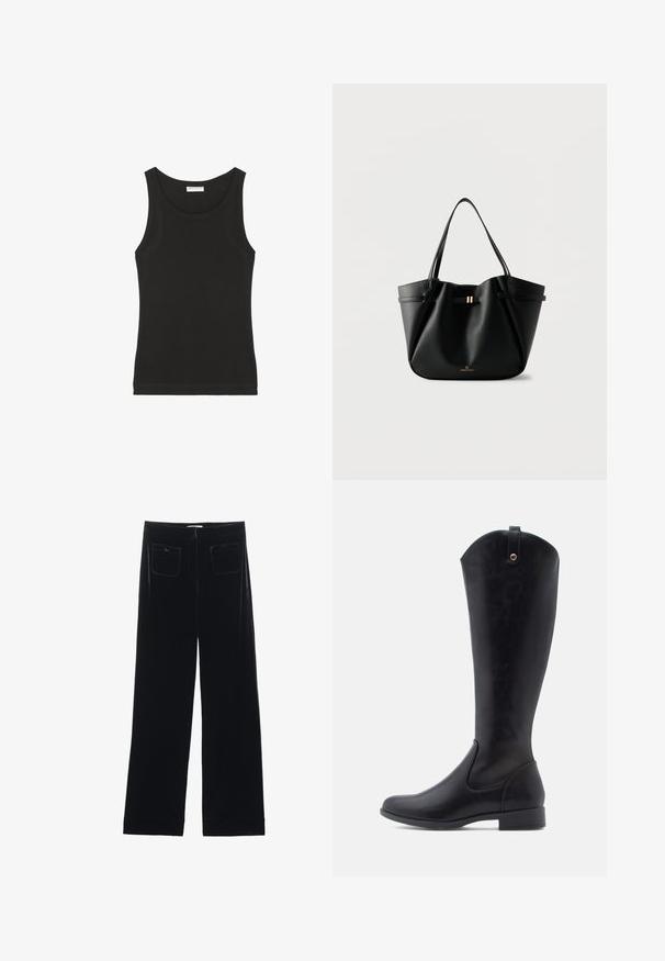 Sort ærmeløs tanktop lavet af blød bomuld, med en rund hals og en tætsiddende silhuet. Simpelt design uden synlige mønstre eller detaljer.; Sorte velour bredbukser med to baglommer og en glat tekstur, der har en lige skæring og syede afslutninger ved anklerne.; Knæhøje sorte læderstøvler med en glat tekstur, rund tå, lav blokhæl og en buet topkant med en løkke-detalje bagpå.; Sort læder-tote taske med to skulderremme, en lille guldlås og "Anna Field" logo på en hvid baggrund.