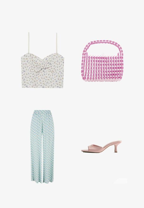 Top court floral avec de fines bretelles ; base blanche ornée de petites fleurs roses, jaunes et violettes ; détail avant tordu ; tissu léger.; Pantalons larges bleu clair présentant un motif à carreaux dans des teintes alternées, avec une taille élastique pour le confort.; Mule en cuir rose à bout ouvert avec un talon moyen bas et fin et une semelle intérieure légèrement rembourrée.; Petit sac à main composé de rangées alternées de perles ovales roses et de perles rondes transparentes avec une anse et un fermoir perlés.