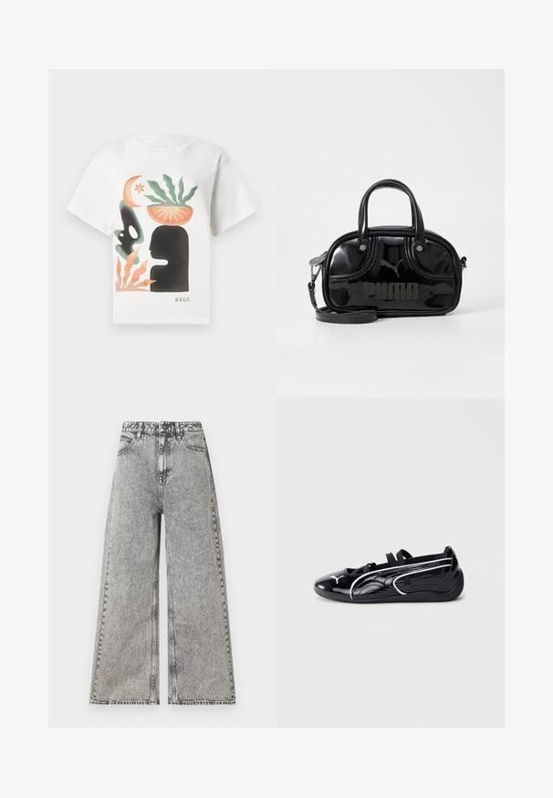 Witte t-shirt met abstracte kunst van een zwarte silhouet hoofd, groene plant in een oranje kom op het hoofd, oranje en groene vormen, en het "RVCA" logo.; Wijdlopende jeans in vervaagd zwart denim, met een hoge taille, klassiek vijf-pocket ontwerp en zichtbare stikdetails.; Zwart gepatineerd leren schoen met een lage profiel, voorzien van een ronde neus, zwarte elastische banden en witte accenten langs de zijkanten.; Zwarte lakleren handtas met dubbele handvatten aan de bovenkant, afneembare schouderriem, ronde vorm en opvallend gegraveerd "PUMA" logo.