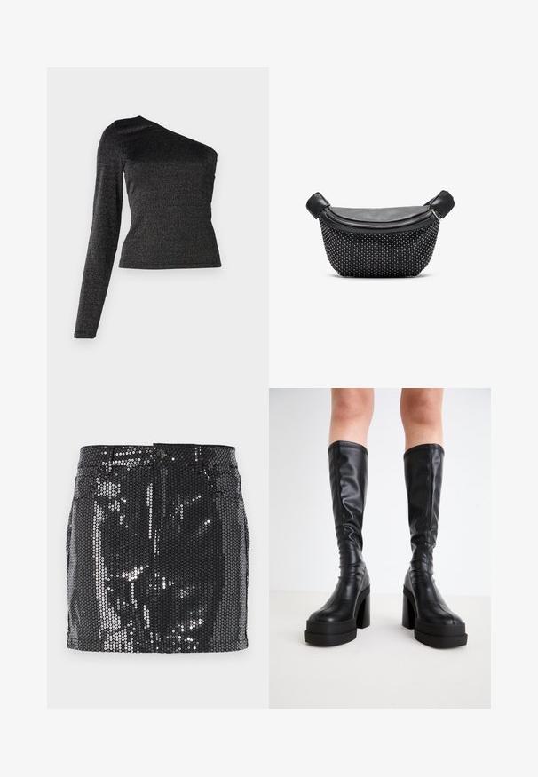 Haut noir à une épaule avec manches longues, fabriqué dans un tissu texturé et brillant, avec une silhouette ajustée et un léger éclat métallique.; Mini-jupe en sequins noirs avec un design ajusté, fermeture à bouton et une texture brillante qui reflète la lumière. Ourlet droit et poches fonctionnelles.; Bottes noires hautes en cuir lisse, avec une épaisse semelle plateforme et un talon carré, ornées de surpiqûres le long des bords.; Sac à main noir avec un dessus en cuir lisse et une base texturée couverte de clous argentés, avec une fermeture à glissière et des poignées doubles.