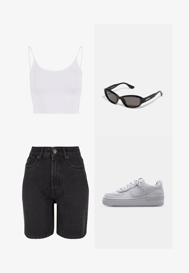 Weißes Camisole-Top mit dünnen verstellbaren Trägern, tailliertem Design und glatter, dehnbarer Textur ohne Muster oder Verzierungen.; Schwarze Denim-Shorts mit hoher Taille, Fünf-Taschen-Design und Metallknopfverschluss. Der Stoff hat eine glatte Textur mit dezentem Verblassen.; Graue Nike Air Force 1 Sneaker mit perforierter Zehenpartie, Obermaterial aus glattem Leder, dicker Sohle und geprägtem 'AIR'-Detail an der Ferse.; Schwarze Sonnenbrille mit rechteckigem Rahmen, dunklen Gläsern, glattem Kunststoffmaterial und einem metallischen Akzent am Bügel.
