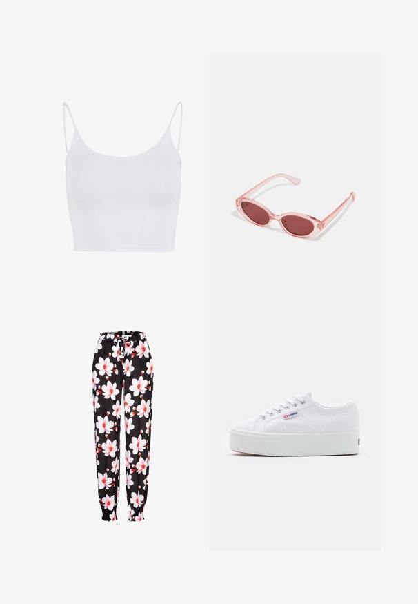 Camiseta sin mangas blanca con tirantes delgados ajustables, un diseño ceñido y una textura suave y elástica sin patrones ni adornos.; Pantalones de tela negra con patrón floral en blanco y rojo, con cintura elástica y cordón ajustable, y puños fruncidos. Material ligero.; Zapatilla de lona blanca con una gruesa suela de plataforma blanca, punta redonda y ojales de metal para los cordones. Logotipo de la marca mostrado en el lateral.; Gafas de sol transparentes rosas con lentes ovalados, tinte rojo oscuro y varillas delgadas, con un acabado suave y detalles sutiles en la montura.