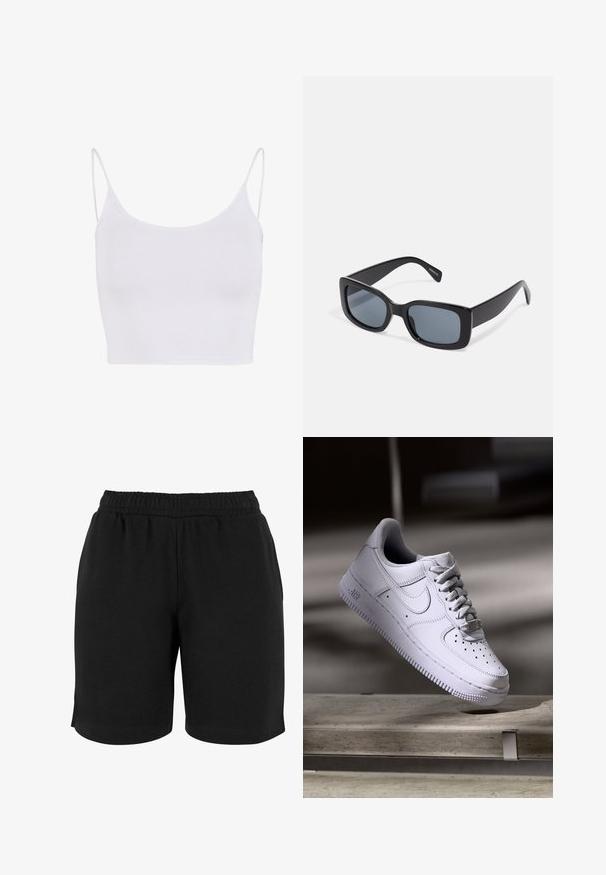 Camiseta sin mangas blanca con tirantes delgados ajustables, un diseño ceñido y una textura suave y elástica sin patrones ni adornos.; Pantalones cortos de algodón negros con una cinturilla elástica, que presentan una textura suave y un corte sencillo. No hay bolsillos ni adornos visibles.; Zapatilla Nike Air Force 1 blanca levitando sobre una superficie de hormigón con sombras en un entorno minimalista.; Gafas de sol rectangulares negras con lentes oscuros, montura de plástico grueso y patillas anchas. Superficie lisa y diseño anguloso.
