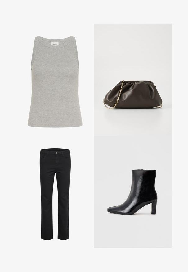 Grå ribbet tanktop med rund halsudskæring og ærmeløs design. Fremstillet af blødt stof, har en tætsiddende silhuet og minimale syninger.; Sorte denimbukser med lige ben-design, der har to frontlommer og en enkelt metalknap ved taljen. Glat tekstur.; Sorte ankelstøvler lavet af blank læder, med spidse tæer og en mellemstor blokhæl, med en glat tekstur og et enkelt design.; Brun læderhandtaske med en sammensnøring, guld kædestrop og blød, struktureret overflade. Kompakt form velegnet til aftensbrug.