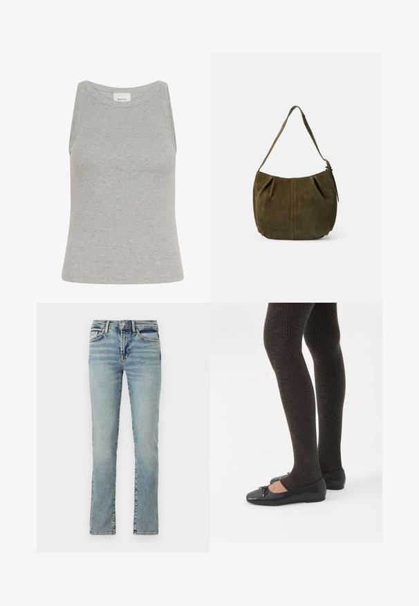 Grå ribbet tanktop med rund halsudskæring og ærmeløs design. Fremstillet af blødt stof, har en tætsiddende silhuet og minimale syninger.; Lyseblå denim jeans med lige ben-design, fem-lomme stil og subtilt slid. Har metalknap og lynlåslukning.; Ben iført mørke ribbede leggings kombineret med sorte balletsko med små sløjfedetaljer på hvid baggrund.; Skuldertaske i olivengrønt ruskind med én strop, central sømdetalje og sidelukning med lynlås, på ensartet lyst baggrund.