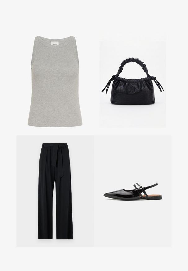 Débardeur gris côtelé avec un col rond et un design sans manches. Fabriqué en tissu doux, il présente une silhouette ajustée et des coutures minimales.; Pantalon noir à jambes larges avec une taille ceinturée, présentant une texture lisse et des détails minimalistes, adapté à diverses occasions.; Des chaussures slingbacks en cuir verni noir présentent un bout pointu, deux sangles avec des accents de boucle, et une semelle plate.; Sac à main noir avec texture crocodile, bord supérieur froncé, poignée plissée et pompons à cordon de chaque côté sur fond blanc.