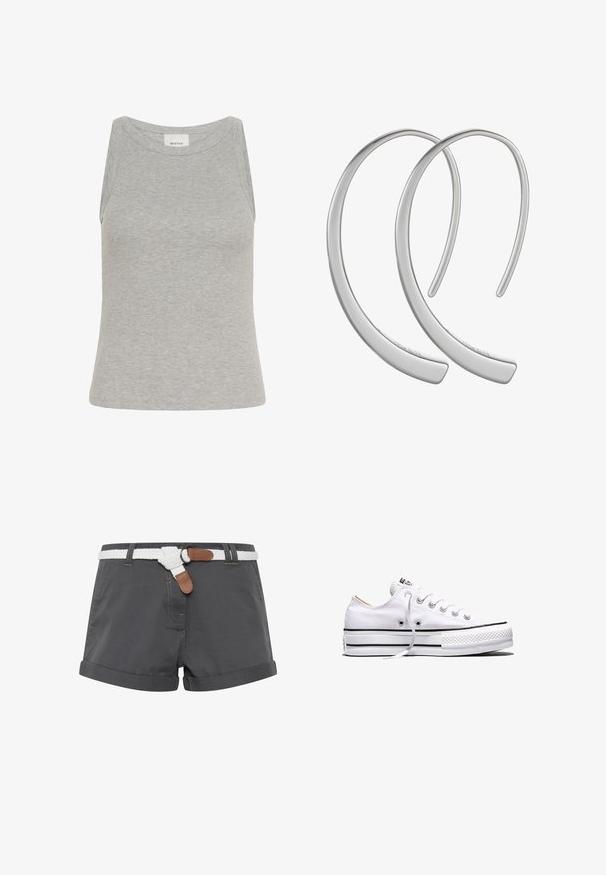 Camiseta sin mangas gris con cuello redondo y diseño sin mangas. Fabricada con tela suave, presenta una silueta ajustada y costuras mínimas.; Pantalones cortos de algodón gris con dobladillos enrollados, que cuentan con un cinturón trenzado blanco y acentos de cuero marrón. Detalles de costura visibles en la tela.; Zapatilla baja de lona blanca con cordones blancos, rayas negras en la suela y puntera de goma texturizada, vista lateral sobre fondo blanco.; Pendientes de aro de metal plateado con una superficie lisa y brillante, en forma de media luna, que presentan un diseño minimalista y sin patrones visibles.