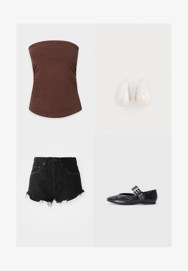 Brun tube-top uden stropper med glat stof og tætsiddende form på en ensartet lys grå baggrund.; Sorte denim shorts med en frynset kant, klassisk fem-lomme design og metalknap lukning. Mor med høj talje og slidt tekstur.; Sort læder flad sko med spids tå, justerbar rem med en sølvspænde og en lav hæl for komfort.; Sølvmetal dråbeøreringe med en glat, reflekterende overflade og tåreform, der har et sammenhængende design uden synlige udsmykninger.