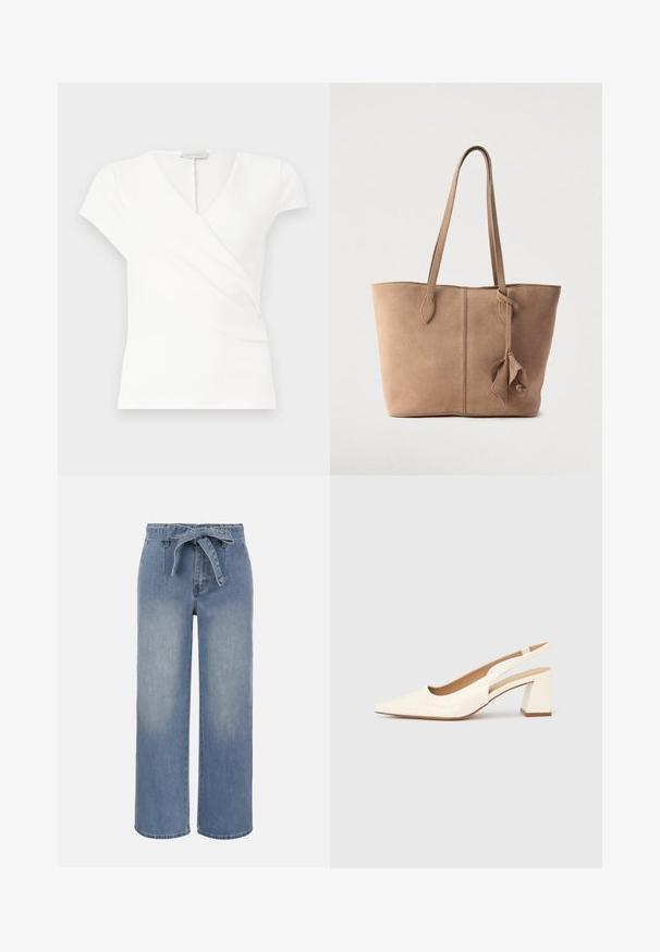 Haut blanc à manches courtes pour femmes avec col en V et design portefeuille, présentant de subtils plis à l'avant.; Jean taille haute à jambes larges bleu clair avec ceinture en tissu nouée et poches avant, présentant un effet délavé légèrement estompé.; Escarpin slingback en cuir verni crème brillant, avec un bout pointu et un talon carré épais pour la stabilité. Design minimaliste, sans ornements.; Sac fourre-tout en daim beige doux avec deux longues anses, un design simple et un détail noué sur le côté. Texture lisse sur toute la surface.