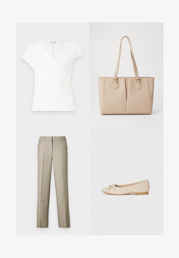 Haut blanc à manches courtes pour femmes avec col en V et design portefeuille, présentant de subtils plis à l'avant.; Pantalon beige à fines rayures avec une coupe droite, doté d'une ceinture structurée et d'une texture subtile sur l'ensemble du tissu.; Ballerines beiges en matériau synthétique lisse. Dotées d'un petit talon carré, elles présentent un détail noué avec des accents dorés à l'avant.; Sac fourre-tout beige en faux cuir texturé, doté de poignées doubles et d'accents en métal doré. Le design présente un détail avant fendu.