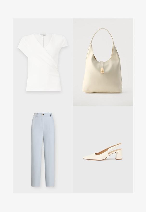 Haut blanc à manches courtes pour femmes avec col en V et design portefeuille, présentant de subtils plis à l'avant.; Pantalon bleu clair sur mesure avec jambe droite, fermeture à boutons à l'avant et passants de ceinture à la taille.; Escarpin slingback en cuir verni crème brillant, avec un bout pointu et un talon carré épais pour la stabilité. Design minimaliste, sans ornements.; Sac hobo en cuir couleur crème avec une seule bandoulière, texture lisse et un détail de fermoir doré à l'avant.
