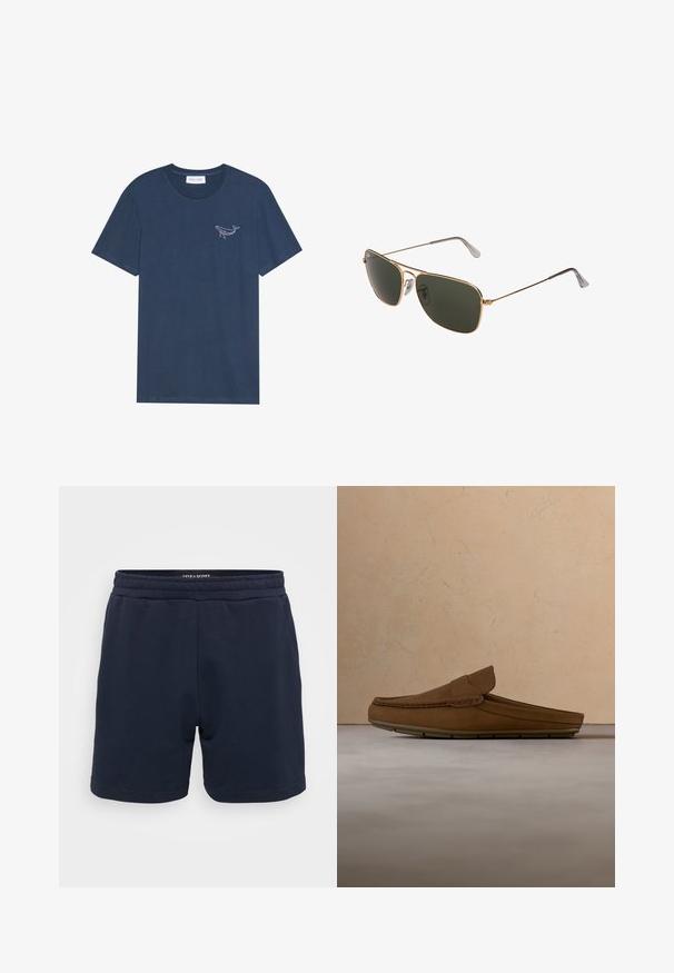 Navyblaue Baumwoll-T-Shirt mit Rundhalsausschnitt und kurzen Ärmeln, mit einem weißen gestickten Walfischedesign auf der linken Brust.; Marineblaue Baumwollshorts mit einem elastischen Bund, ausgestattet mit einer glatten Textur und genähten Säumen. Kleines Markenlogo an der Seite.; Brauner Lederloafer schwebt über einem beigen gewebten Teppich mit einem runden Holztisch und aufgestapelten Büchern in einem sanft beleuchteten Wohnzimmer.; Goldfarbene Metall-Aviator-Sonnenbrillen mit großen dunkelgrünen Gläsern, ausgestattet mit einem dünnen Rahmen und transparenten Nasenpolstern für zusätzlichen Komfort.