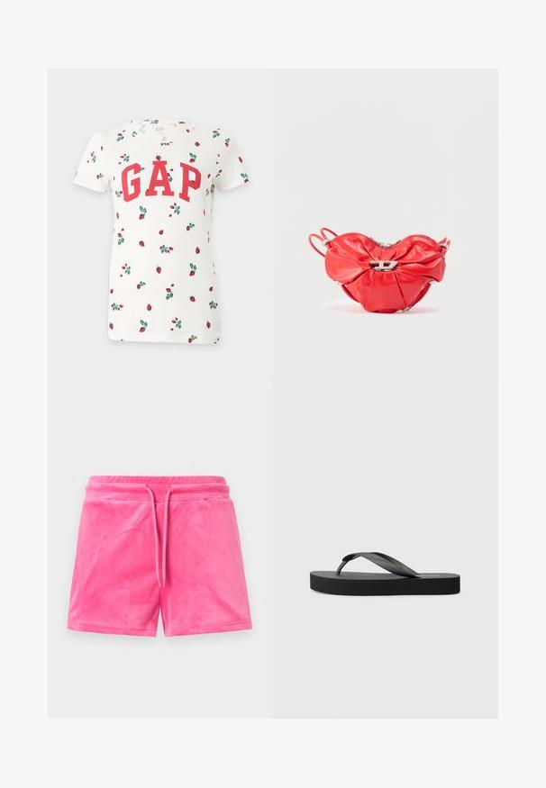 Hvid t-shirt med korte ærmer med rød GAP-logo og små røde jordbærmønstre med grønne blade spredt over stoffet.; Lyserøde velourshorts med elastisk talje, snøre foran og lille syet hjerte på nederste højre ben.; Sort flip-flop med flad gummisål og tyndt remdesign. Den øverste rem er let buet, hvilket giver et minimalistisk udseende.; Rød læderhåndtaske med hjerteform, samlet design, sølvlynlås og en fremtrædende metal logoaccent foran.