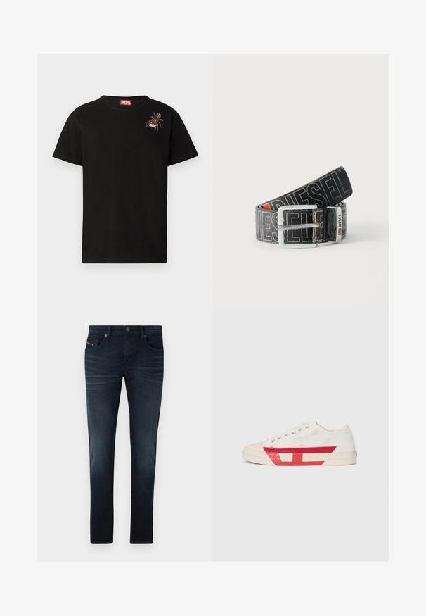 Zwarte katoenen t-shirt met korte mouwen, met een decoratief spinontwerp op de linkerborst en een rood Diesel logo label bij de hals.; Donkerblauwe denim jeans met een slim fit, voorzien van vijf zakken, subtiele vervaging en een metalen knoopsluiting op de tailleband.; Canvas sneaker met een witte bovenkant, rode rubberen accenten en een gestructureerd ontwerp. Heeft een ronde neus en vijf oogjes voor de veters.; Zwarte Diesel-riem met grote witte logotekst, rechthoekige zilveren gesp en merkmetal lusdetail, opgerold op een lichte achtergrond.
