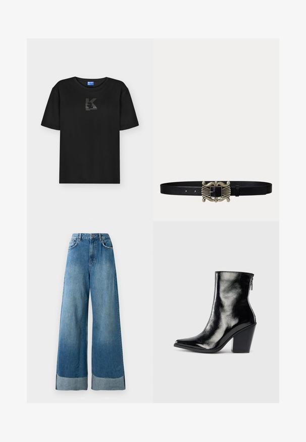 T-shirt noir à manches courtes avec col rond et petit logo scintillant "K Karl Lagerfeld Jeans" centré sur la poitrine.; Jeans en denim bleu à taille haute et jambes larges avec poches avant, fermeture à bouton, et détails de l'ourlet en décoloration visible.; Bottines en cuir noir avec une finition brillante, bout pointu et talon trapèze. Dotées d'une fermeture éclair latérale pour un enfilage facile.; Ceinture en cuir noire avec une boucle rectangulaire ornée de ton argenté, présentant des détails décoratifs courbes et rainurés.