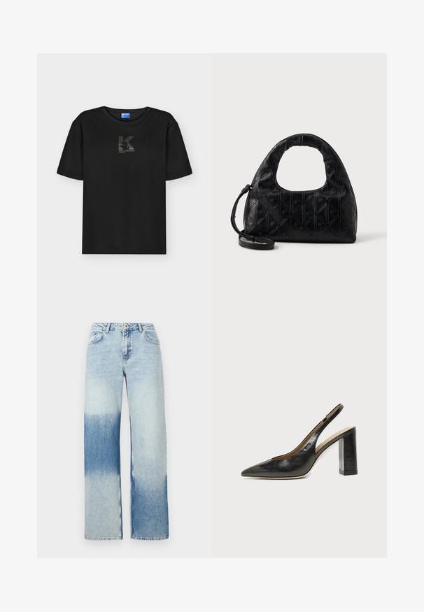 Must lühikeste varrukatega t-särk ümmarguse kaelusega ja väike sädelev "K Karl Lagerfeld Jeans" logo rinnal keskel.; Heledad sinine teksade disain, millel on lai jalg, millel on värvide gradient heledast tumedani siniseks, viis_taskut ja nupuga kinniti.; Mustast nahast terava varbaga slingback-kinga kõrge plokk-kontsaga ja beežsisemise voodriga tavalise heledal taustal.; Mustmust mustkott mustaga kaarjas ülemise käepidemega, peene rubiini mustriga ja eemaldatava rihmaga. Tekstuur on sile, koos muljetavaldavate detailidega.