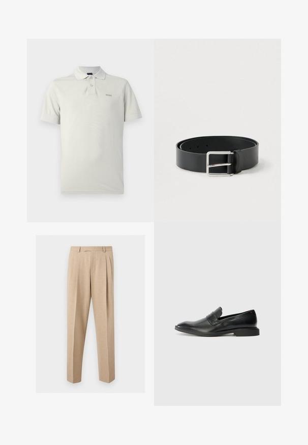 Lysegrå polo lavet af blødt stof med klassisk krave, to knapper, korte ærmer og en diskret logo på brystet.; Beige skræddersyede bukser med frontplisser, bæltestropper og lige ben, vist mod en ensartet lys baggrund.; Sorte læder loafers med en glat tekstur, spids tå og lav rektangulær hæl. Har vandret remdetalje på overdelen.; Sort læderbælte med en glat overflade, der har en rektangulær sølvmetalspænde og flere justeringshuller.