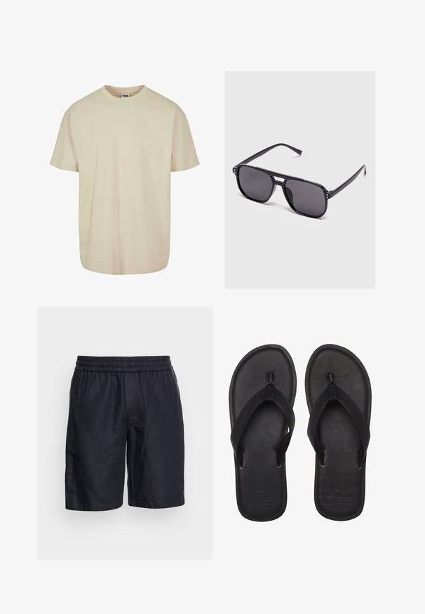 T-Shirt mit kurzen Ärmeln aus leichtem beigen Baumwollstoff, mit Rundhalsausschnitt, lässiger Passform und glatter Textur, ohne sichtbare Muster oder Akzente.; Schwarze Leinenshorts mit einem elastischen Bund, die eine lockere Passform und eine glatte Textur bieten. Knielanger Schnitt ohne sichtbare Muster oder Akzente.; Schwarze Flip-Flops aus glattem Material, mit einem Riemen im Zehensteg-Stil, strukturiertem Fußbett und geprägtem Logo auf der Sohle.; Schwarze rechteckige Sonnenbrille mit dunkel getönten Gläsern und einem Doppelsteggestell vor einem schlichten hellen Hintergrund.