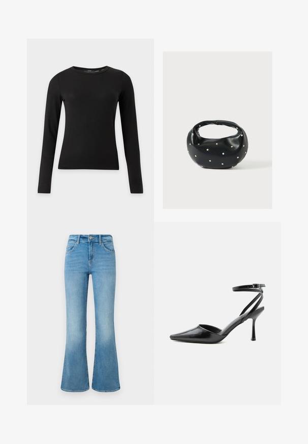 Chemise noire ajustée à manches longues avec col rond, présentée sur un fond clair uni.; Jean flare en denim bleu clair avec poches avant, passants de ceinture et fermeture à bouton sur un fond blanc.; Escarpin noir à bout pointu avec fines brides de cheville et fermeture à boucle argentée sur fond clair uni.; Sac à main en cuir noir de forme arrondie, décoré de clous argentés et équipé d'une poignée courte. Texture lisse et fermeture éclair.