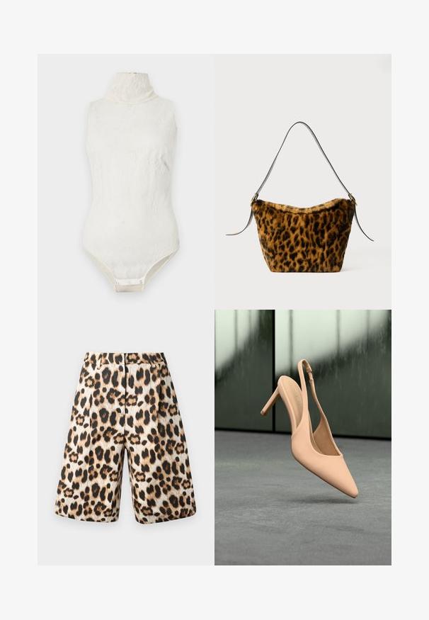 Mouwloze witte kanten body met hoge hals en drukknoopsluiting in het kruis, afgebeeld tegen een egale achtergrond.; Luipaardprint shorts met een mix van beige en zwarte tinten, geplooid ontwerp en zijzakken. Gemaakt van een soepele stof met een glanzende afwerking.; Beige pumps met spitse neus en enkelriempje, hakhoog, hangend boven een grijs gestructureerd oppervlak met een wazige groenige achtergrond.; Nep-vacht leopardprint tas met een zachte textuur, een licht taps toelopende vorm en een zwarte leren schouderband met gouden hardware accenten.
