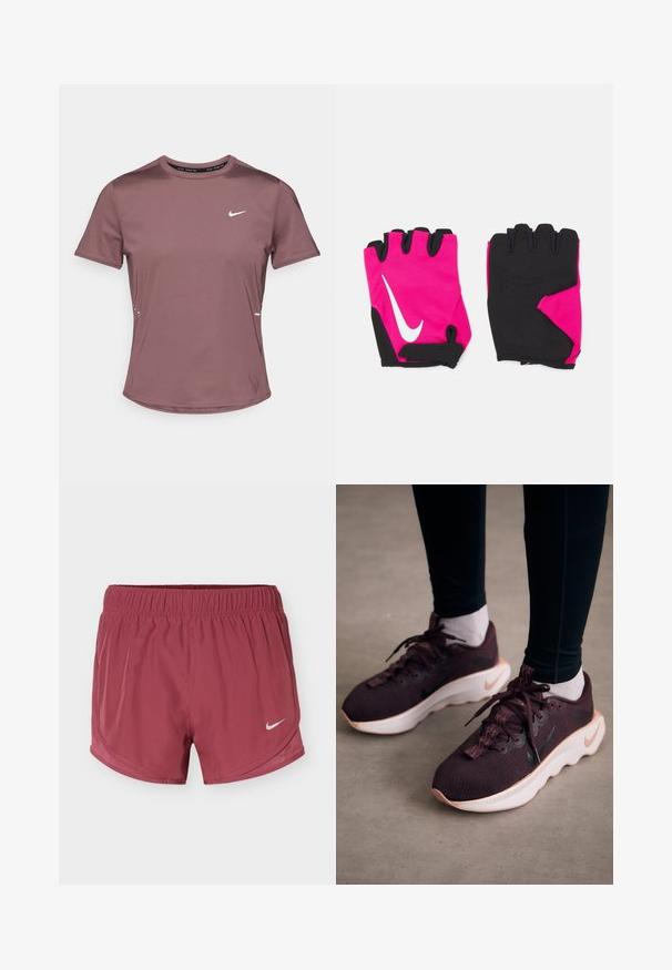 Športové tričko s krátkym rukávom v tlmenom fialovom odtieni s hladkou textúrou. Na hrudi je malý biely logo Nike a po stranách reflektujúce doplnky.; Bordové bežecké šortky Nike s elastickým pásom a bielym logom Nike swoosh na pravej nohe na jednofarebnom pozadí.; Vínové športové topánky s textúrovaným pleteným zvrškom, bielou podrážkou a čiernym logom Nike. Majú okrúhle šnúrky a vzorované slučky na šnúrky.; Krátke ružové rukavice s čiernymi akcentmi, vybavené bielym logom Nike, polstrovanými dlaňami a bezprstovým dizajnom pre lepší úchop a flexibilitu.
