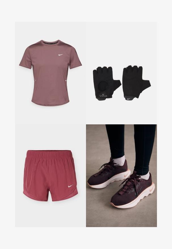Korte mouwen sport T-shirt in gedempte mauve stof met een gladde textuur. Voorzien van een klein wit Nike-logo op de borst en reflecterende accenten aan de zijkanten.; Bordeaux Nike hardloopshorts met elastische tailleband en wit Nike swoosh-logo op het rechterbeen tegen een effen achtergrond.; Bordeauxrode sportschoenen met een gewoven bovenwerk, witte zool en zwart Nike-logo. Voorzien van ronde veters en patroonvormige veterlussen.; Zwarte vingerloze handschoenen met een gestructureerd ontwerp. Gemaakt van een ademend materiaal, met een duimopening en versterkte palm voor grip.