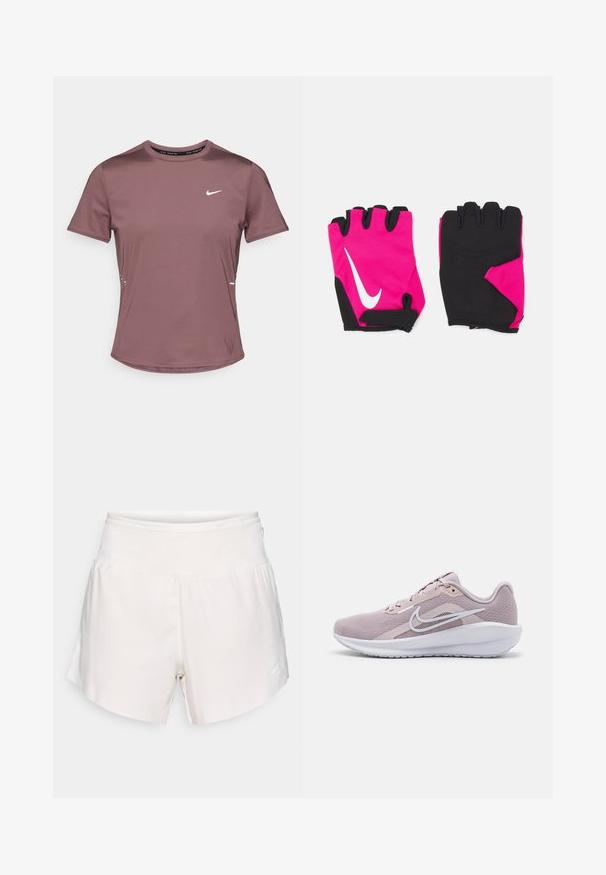 Korte mouwen sport T-shirt in gedempte mauve stof met een gladde textuur. Voorzien van een klein wit Nike-logo op de borst en reflecterende accenten aan de zijkanten.; Witte atletiekshorts met hoge taille, een gladde tailleband en een subtiel logo op het linkeronderbeen, weergegeven tegen een effen achtergrond.; Lichtroze sportieve schoen met ademend mesh bovenwerk, witte accenten, een gevoerde schacht en een getextureerde rubberen zool voor grip.; Korte roze handschoenen met zwarte accenten, voorzien van een wit Nike-logo, gewatteerde palmen en een vingerloos ontwerp voor verbeterde grip en flexibiliteit.