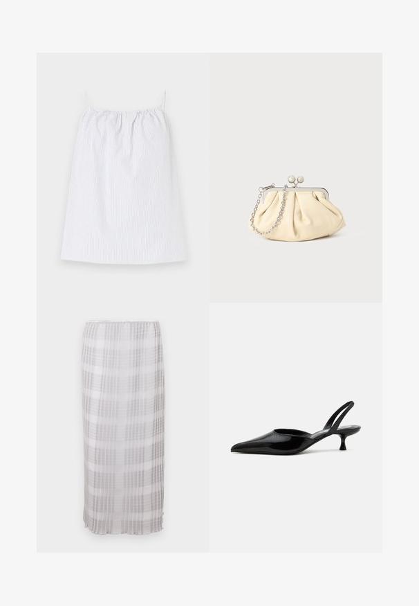 Robe blanche sans manches avec fines rayures noires verticales et encolure froncée, posée à plat sur un fond clair.; Jupe longue et transparente en blanc avec un motif à carreaux gris. Tissu doux et léger avec une taille élastique, se terminant à la longueur de la cheville.; Chaussure slingback à talon kitten en cuir verni noir avec bout pointu et talon bas incurvé sur fond clair uni.; Pochette en cuir beige plissé avec un cadre en métal argenté, dotée de deux fermoirs ronds décoratifs et d'une chaîne en argent.
