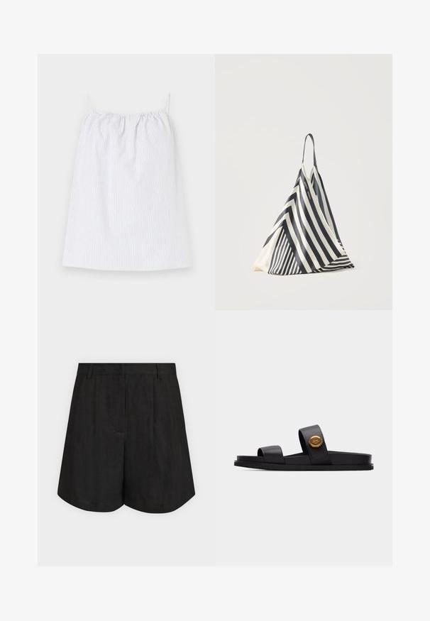 Vestido blanco sin mangas con finas rayas verticales negras y escote fruncido, colocado plano sobre un fondo claro.; Pantalones cortos negros de talle alto, confeccionados a medida, con trabillas para cinturón, pliegues frontales y un dobladillo ligeramente acampanado sobre un fondo claro y sencillo.; Sandalia negra tipo slide con dos correas anchas, una de ellas con un emblema redondo dorado, suela plana, aislada sobre un fondo gris claro.; Bolsa triangular de tela a rayas blancas y negras con una sola correa para el hombro, colocada verticalmente sobre un fondo claro y simple.