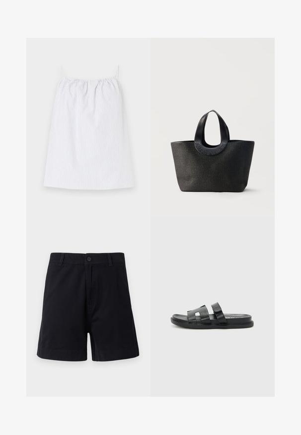Robe blanche sans manches avec fines rayures noires verticales et encolure froncée, posée à plat sur un fond clair.; Shorts en coton bleu marine foncé avec une fermeture à bouton, des poches latérales et une coupe droite, présentant une texture lisse et un design épuré.; Sandales à glissière en cuir noir avec deux larges sangles, design ouvert à l'avant et semelle plate. Style minimaliste avec des détails cousus sur la semelle.; Sac cabas noir texturé avec de larges poignées arrondies présentant le nom de la marque embossé "Samsøe Samsøe" sur fond neutre.