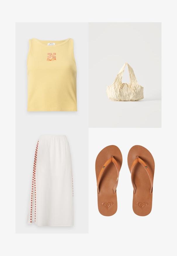 Gul ribbet tanktop med et lille, broderet blomsterlogo i orange i midten. Enkelt design uden ærmer med rund udskæring.; Hvid nederdel med elastisk talje, prydet med et rødt ternet mønster i den ene side. Letvægtsstof med en glat tekstur.; Brune syntetiske klipklapper med orange stropper, tekstureret overflade og præget hjerte-logo detalje på sålen.; Håndtaske i cremefarvet tekstureret stof med top-håndtag og en lille bundet sløjfe-detalje midt foran.