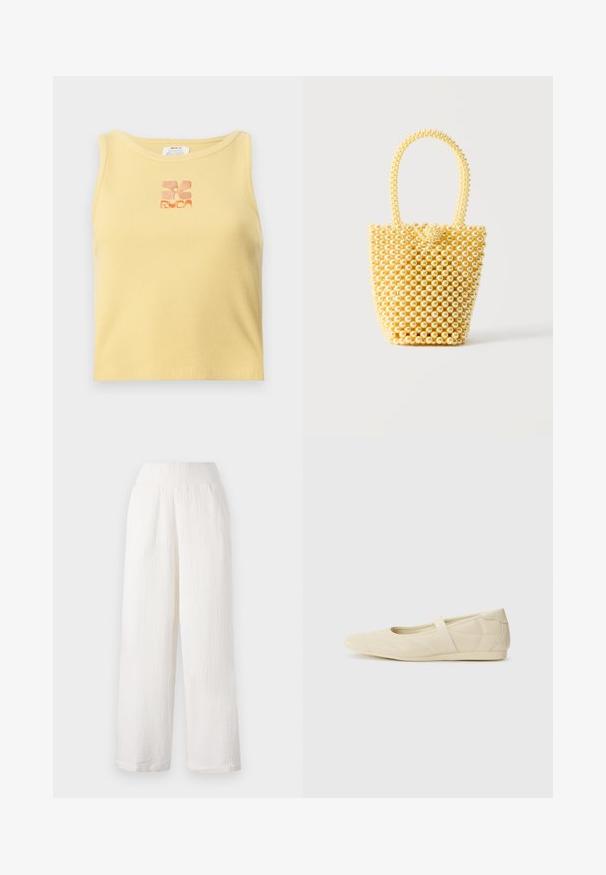 Gul ribbet tanktop med et lille, broderet blomsterlogo i orange i midten. Enkelt design uden ærmer med rund udskæring.; Hvide bukser med vidde i benene og en tekstureret, krøllet stof. Har et elastisk liv og sidelommer for bekvemmelighed.; Lysebrune ballet flats med en glat læderoverflade, mandelformet tå og elastisk rem over vristen, med diskrete syninger.; Lille skuldertaske i spandstil lavet af skinnende cremefarvede perler med en håndtagsløkke af perler og dekorativ perleknaplukning.